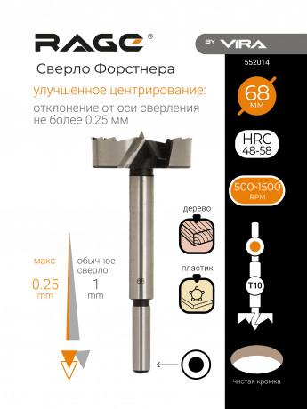 Сверло Форстнера 68 мм RAGE by VIRA, арт. 552014